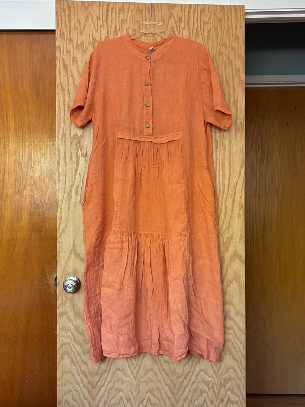 Relaxed Short-Sleeve Orange Linen Midi Dress